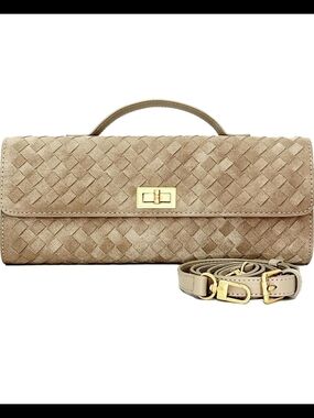 Woven Suede Top-Handle Shoulder Bag in Beige